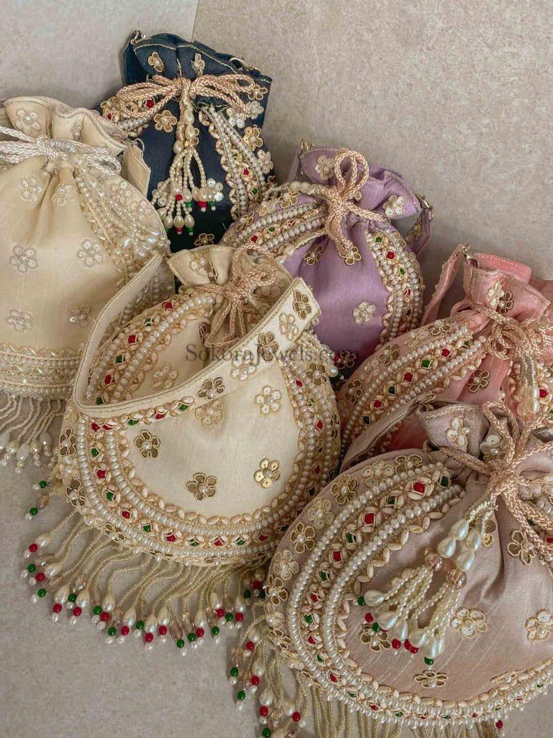 Raw Silk Bead Detail Potli Bag - 6 Colour Options - SOKORA JEWELSRaw Silk Bead Detail Potli Bag - 6 Colour Options
