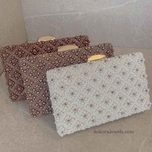Pearly Clutch Bag Brown White Bead Embroidery Hand Made Elegant Indian Pakistani Wedding Civil Reception Guest Bride Accessory Purse