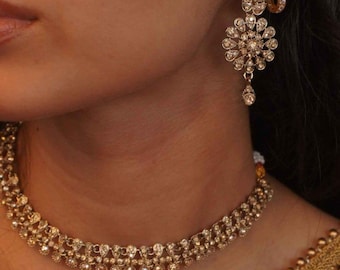 Mital Necklace set Earring Tikka Rose Gold Clear Silver Elegant Jewelry Indian Pakistani Wedding Civil Nikkah Engagement Simple Sokora