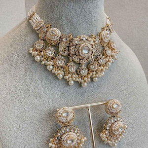 Narinder Faux Kundan Choker Set White Gold Pearl Indian Jewelry Pakistani Wedding Guest Party Eid Traditional Sokora Jewels