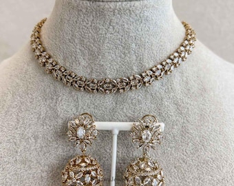 Small Antique Diamante Set Necklace Heavy Jhumka Tikka American Diamonds Wedding Eid Party Engagement Indian Pakistani Jewellery SilverGold