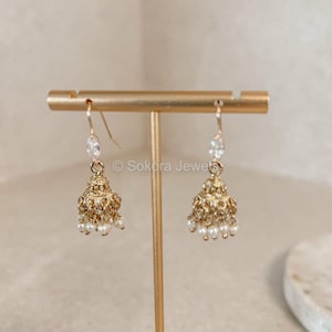Sokora Jewels Small Indian Pakistani Jewelry Gift Micro Jhumka Earrings: Antique Gold with Pearl Fringe Light weight Hand Crafted