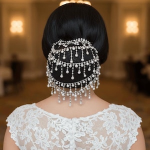 Perlen-Silber-Kristall-Zirkon-Brautknoten-Drapierung, vollständige Haarbedeckung, Haarschmuck für Hochzeitsgäste, Brautfrisur, Schmuck im westlichen, modernen Stil, verziert