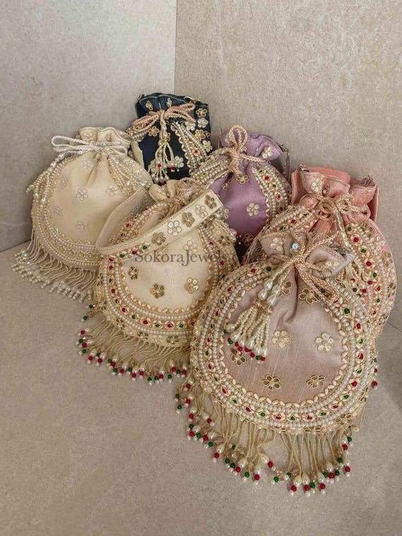 Beaded Raw Silk Potli Indian Wedding Party Bag Tassels Indian Pakistani Jewelry Accessories Cream Black Purple Pink Gold Handmade Sokora