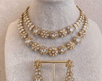 Bina Faux Kundan 2 Line Necklace Set - Mint