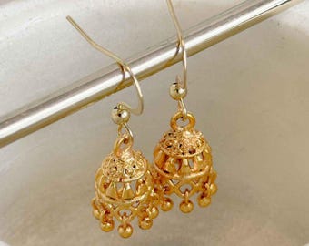 Sokora Jewels Small Indian Pakistani Jewelry Gift Micro Baby Bright Gold Jhumkas Traditional Temple Style Light weight Hand Crafted