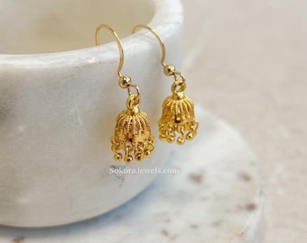 Sokora Jewels Small Indian Pakistani Jewelry Gift Micro Baby Bright Gold Jhumkas Traditional Temple Style Light weight Hand Crafted