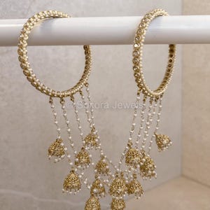 Pearl Strand Connected Jhumka Bangles One Arm Indian Pakistani Bridal Hand Jewellery Accessory Gold Desi Wedding Jewels