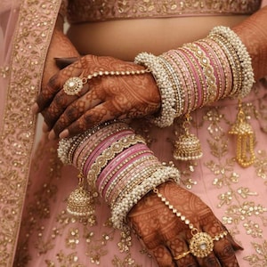 Celine Both Arm Full Bangle Set Stack Luxury Heavy Pearl Jhumka Indian Pakistani Bridal Ombre Gold Cream Pink Pastel Gulabi Latkan