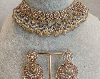 Meera Choker Set Flat Earring Tikka Clear Gold Pearl Indian Jewelry Pakistani Wedding Guest Party Eid Bridal Jewellery Sokora Jewels