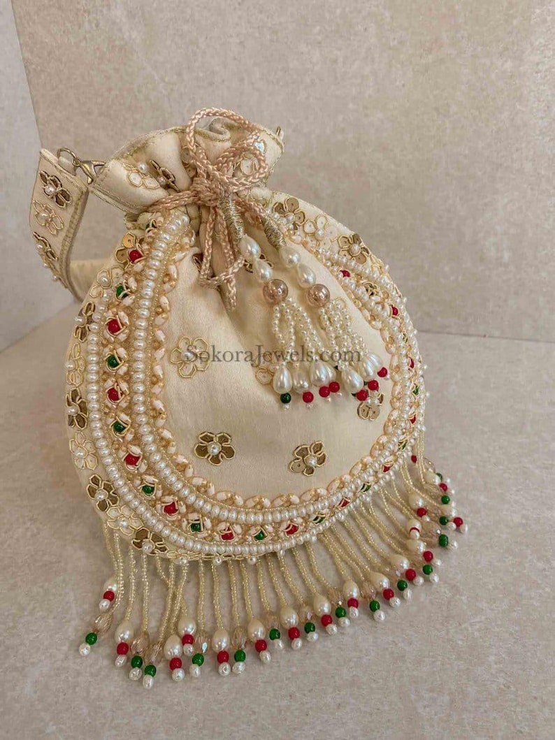 Raw Silk Bead Detail Potli Bag - 6 Colour Options - SOKORA JEWELSRaw Silk Bead Detail Potli Bag - 6 Colour Options