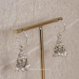 Micro Silver Jhumka Earrings With Pearl Bead Fringing Lightweight Gift Wedding Function Walima Bridesmaid Indian Pakistani Jewellery Sokora