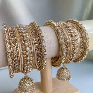 Small Golden Jhumka Bangle set Both Arms Champagne Crystal No pearls Bronze Gold Indian Pakistani Chura Jewellery Hand Jewelry Traditional