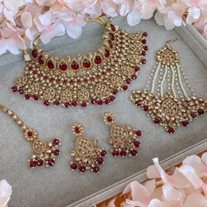 Tahia Bridal Double necklace set - Maroon