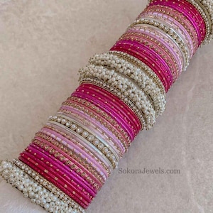 Thanjina Bangle Set Both Arms Large Gold Silver Pearl Crystal Pink Red Blue Pastel Bridal Wedding Guest Bride Indian Pakistani Ombre Sokora