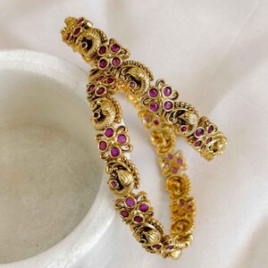 Temple Peacock Bangles – Antique Gold & Ruby Pink Stones