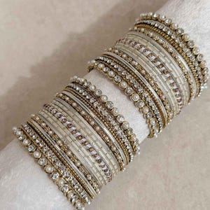 Ivory Bangle Set Both Arms Golden Silver Crystal Traditional Indian Pakistani Jewellery Stack Wedding Jewelry Large Bangles Bride Party