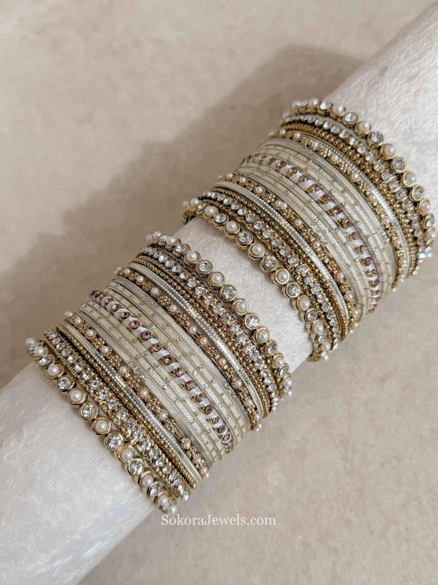 Ivory Bangle Set Both Arms Golden Silver Crystal Traditional
