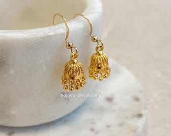 Sokora Jewels Small Indian Pakistani Jewelry Gift Micro Baby Bright Gold Jhumkas Traditional Temple Style Light weight Hand Crafted