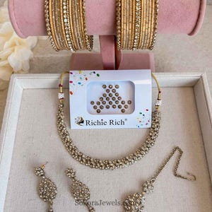 Katie Gift Box Set For Her Golden Necklace Earring Tikka Bindi Bangles Both Arm Indian Pakistani Simple Anniversary Party Sokora Jewels