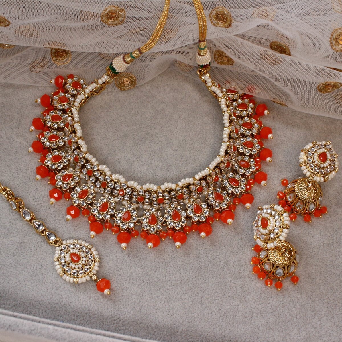 Orange cheap kundan set