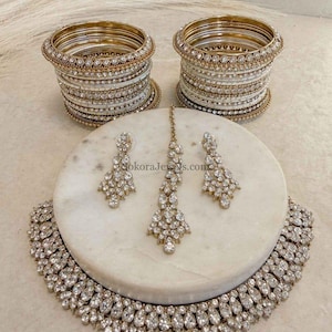 Freda Gift Box Set Necklace Earring Tikka Bangles Bindi Light Gold Clear Small Elegant Western Indian Pakistani Jewellery Wedding Reception