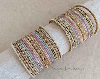 Pastel Posy Bangle Set – Turquoise, Silver, Vintage, and Pave Bangles, Indian Wedding Jewelry, Prong Bangle Stack, Gift for Bride