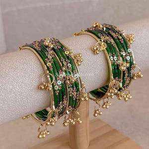 Viral Kashmiri Glass Bangle Set with Ghungroo Bell Raindrop Translucent Glossy Bangles Indian Pakistani Churi Gift Sokora Jewels Both Arms