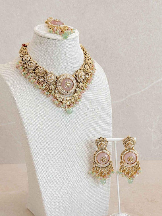 Sheekha Faux Kundan Choker Set Pastel Pink Mint Earring Tikka Indian Pakistani Punjabi Pearly Jewellery Wedding Party