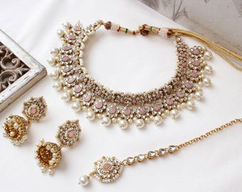 Asmita Faux Kundan Set Pink  Necklace Earring Tikka Small White Pearl Beads Wedding Engagement Walima Eid Party Indian Pakistani Jewellery