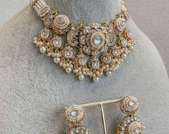 Narinder Faux Kundan Choker Set White Gold Pearl Indian Jewelry Pakistani Wedding Guest Party Eid Traditional Sokora Jewels