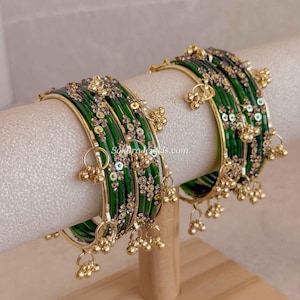 Viral Kashmiri Glass Bangle Set with Ghungroo Bell Raindrop Translucent Glossy Bangles Indian Pakistani Churi Gift Sokora Jewels Both Arms