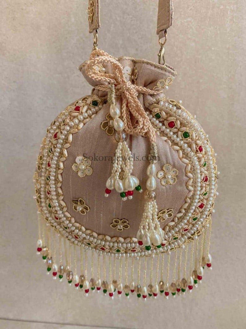 Raw Silk Bead Detail Potli Bag - 6 Colour Options - SOKORA JEWELSRaw Silk Bead Detail Potli Bag - 6 Colour Options