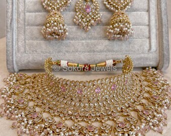 Antique Gold Bridal Jewelry Set: Light Pink Zircon Crystals - Main Image