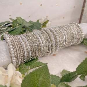 Lucie Bangle Set Full Heavy Large White Silver Pearl Indian Bangles Stack Pakistani Jewellery Wedding Jewelry Bride Sokora Jewels
