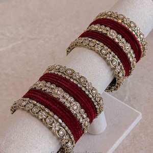 Mini Luxury Antique Gold & Maroon Velvet Bridal Bangle set