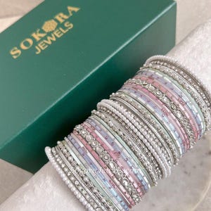 Silver Pastel Posy Bangle Set Both Arms Mint Lilac Pink Delicate Pearl Detailing Wedding Engagement Walima Nikah Eid Indian Pakistani Bangle