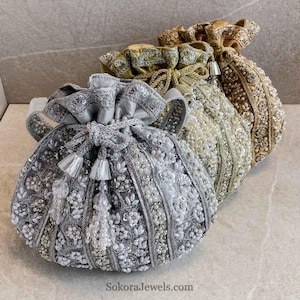 Pailletten & Perlen Potli Tasche Silber Creme Gold Handtasche Indisch Pakistanische Punjabi Desi Geldbörse Seide Verziert Stickerei Handgemacht Ausgehen Party