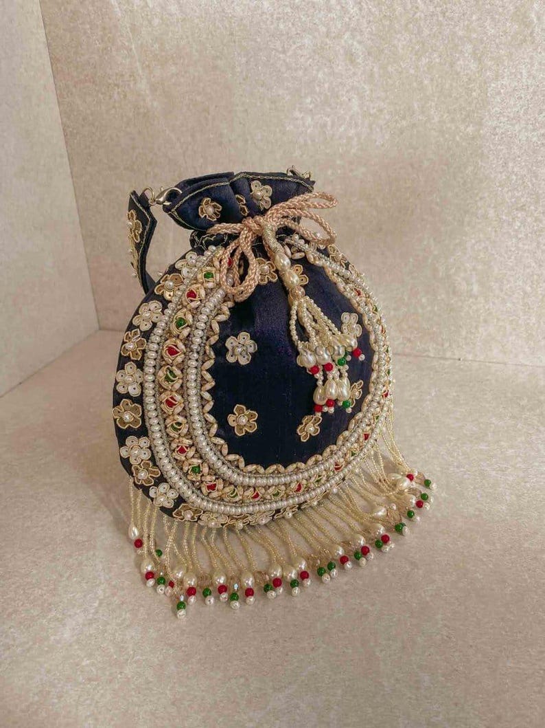 Raw Silk Bead Detail Potli Bag - 6 Colour Options - SOKORA JEWELSRaw Silk Bead Detail Potli Bag - 6 Colour Options