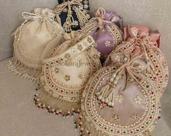 Beaded Raw Silk Potli Indian Wedding Party Bag Tassels Indian Pakistani Jewelry Accessories Cream Black Purple Pink Gold Handmade Sokora