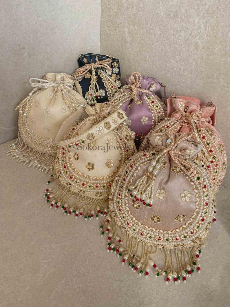 Raw Silk Bead Detail Potli Bag - 6 Colour Options - SOKORA JEWELSRaw Silk Bead Detail Potli Bag - 6 Colour Options