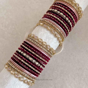 Bridal Bangle Set Maroon & Pink Luxurious Antique Gold Bangles With Velvet Maroon Soft Pink Shades Wedding Eid Walima IndianPakistani Jewlry