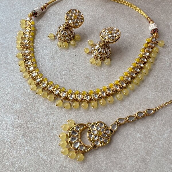 Jaina Faux Kundan Set - Yellow