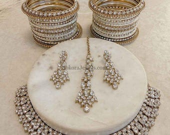 Freda Gift Box Set Necklace Earring Tikka Bangles Bindi Light Gold Clear Small Elegant Western Indian Pakistani Jewellery Wedding Reception