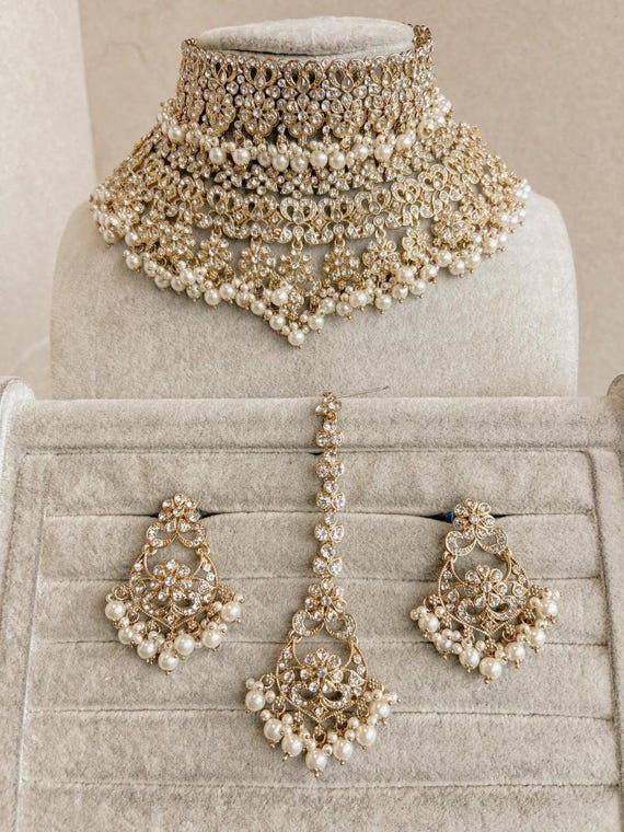Indian Bridal Choker Necklace Set Earring Tikka Gold Silver Pearl Wedding Indian Pakistani Jewelry Heavy Traditional Full Wedding Jewellery