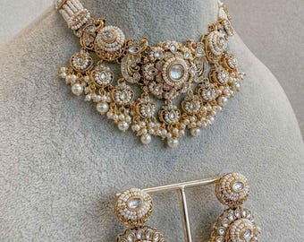 Narinder Faux Kundan Choker Set White Gold Pearl Indian Jewelry Pakistani Wedding Guest Party Eid Traditional Sokora Jewels