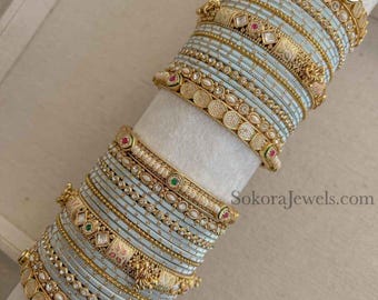 Nanditha Bangles Set Both Arms Indian Pakistani Kundan Traditional Temple Light Blue Gold Plated Ruby Green Churiyan Jewelry Bangle Bride