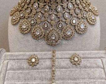 Amika Large Kundan Drop Bridal Necklace Set – Bridal Jewelry Set, Necklace, Earrings, Traditional Indian Wedding Accessories, Gift for Her