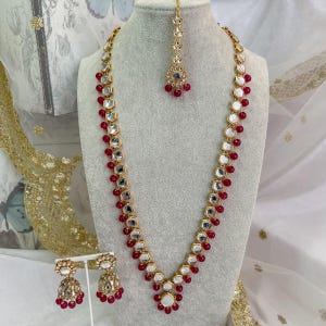 Minahil Long Necklace set - Dark Pink
