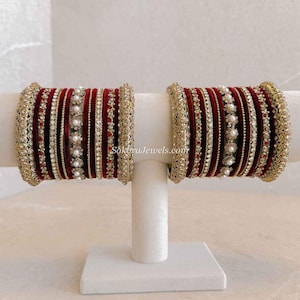 Bridal Maroon Velvet Bangle Set Both Arms Antique Gold Golden Stone Bangles With Mix Maroon Velvet Bangles Wedding Eid Walima Sokora Jewels